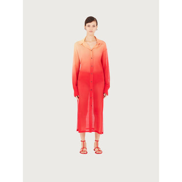 Long Button-Down Shirt Dress - 95% Silk, 5% Polyamide - Orange/Red