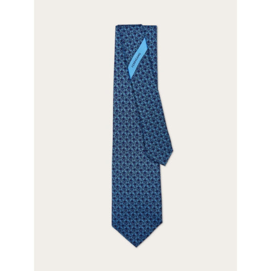 Gancini Print Silk Tie - Marine Blue