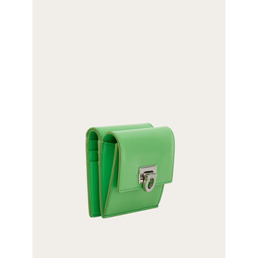 Compact Wallet With Gancini Clasp - Calfskin - Lime Green
