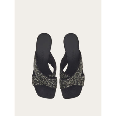 Crossover-Strap Slider With Crystals - Fabric And Crystals - Black