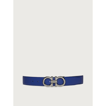 Reversible And Adjustable Gancini Belt - Calfskin - Lapis Lazuli/Black