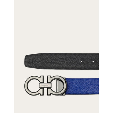 Reversible And Adjustable Gancini Belt - Calfskin - Lapis Lazuli/Black