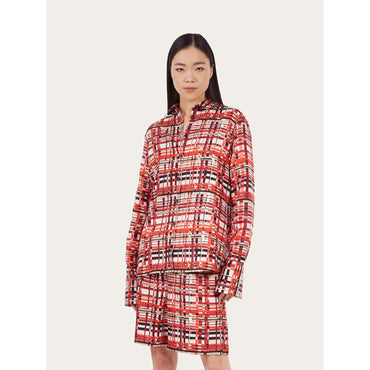 Long Sleeved Check Shirt - 100% Silk - Red