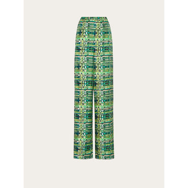 Check Print Wide Leg Trouser - 100% Silk - Lime Green