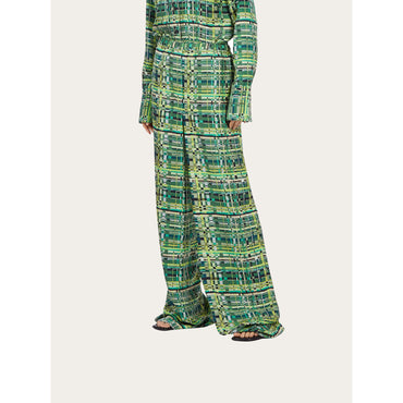 Check Print Wide Leg Trouser - 100% Silk - Lime Green