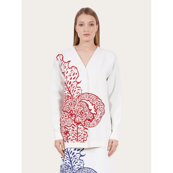 Viscose Jacquard Cardigan - Optic White/Red