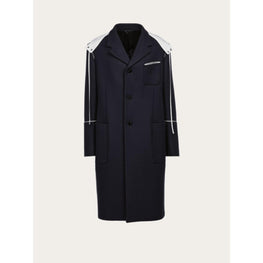 Single Breasted Longline Coat with Hood - Navy Blue