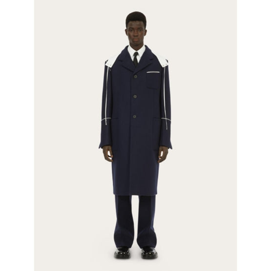 Single Breasted Longline Coat with Hood - Navy Blue