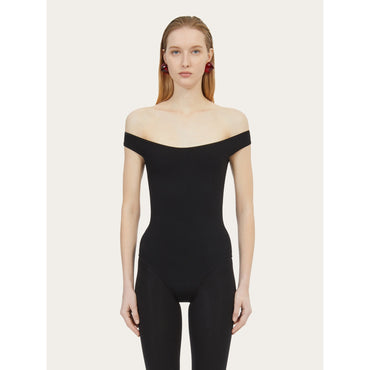 Low Cut Round Neck Bodysuit - 65% Viscose, 31% Polyester, 4% Elastane - Black