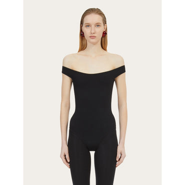Low Cut Round Neck Bodysuit - Ladies - Black
