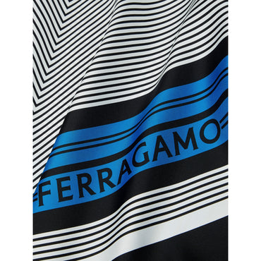 Geometric Print Silk Foulard - 100 % Pure Silk - Black/White/Cerulean Blue
