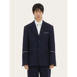 Single Breasted Jacket with Contrasting Piping - Navy Blue