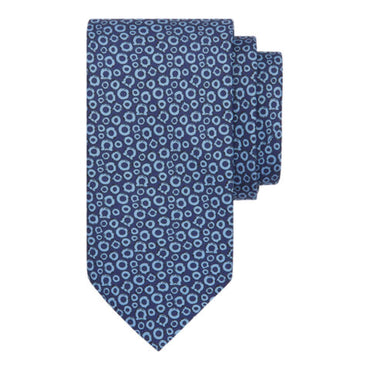 Gancini Print Silk Tie - 100% Silk - Navy Blue/Light Blue
