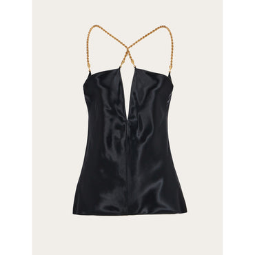 Silky Top With Golden Chain Strap - 100% Viscose - Black