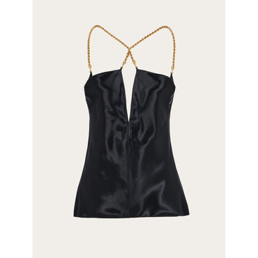 Silky Top With Golden Chain Strap - Ladies - Black