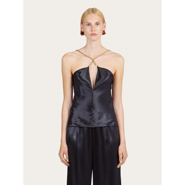 Silky Top With Golden Chain Strap - Ladies - Black