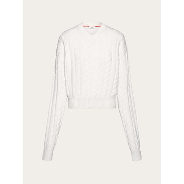 Cable Knit V-Neck Sweater - 70% Pure Virgin Wool, 30% Cashmere - Optic White