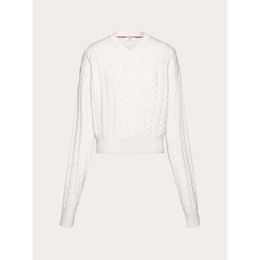 Cable Knit V-Neck Sweater - Ladies - Optic White