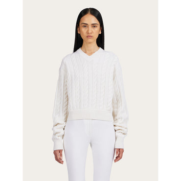 Cable Knit V-Neck Sweater - 70% Pure Virgin Wool, 30% Cashmere - Optic White
