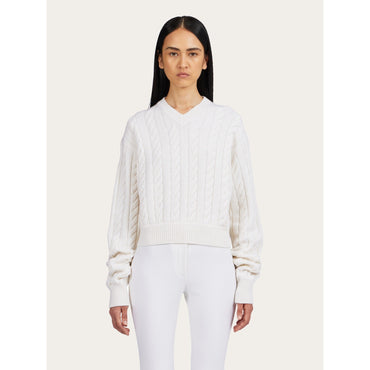 Cable Knit V-Neck Sweater - Ladies - Optic White