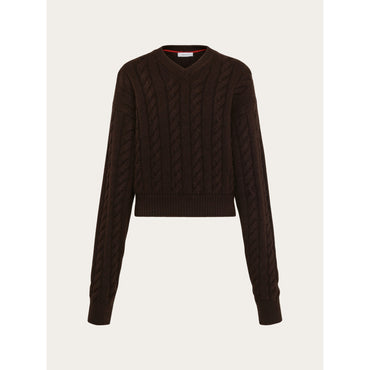 Cable Knit V-Neck Sweater - 70% Pure Virgin Wool, 30% Cashmere - Cocoa