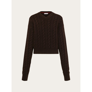 Cable Knit V-Neck Sweater - Ladies - Cocoa