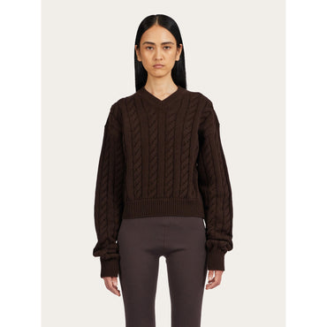 Cable Knit V-Neck Sweater - 70% Pure Virgin Wool, 30% Cashmere - Cocoa