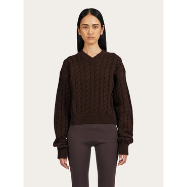 Cable Knit V-Neck Sweater - Ladies - Cocoa