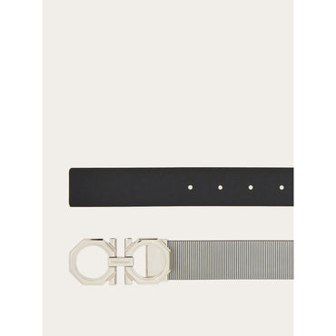 Reversible And Adjustable Gancini Belt - Hammered And Metallic Calfskin - Silver/Black