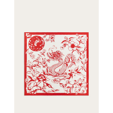 Dragon Print Silk Foulard - 100% Silk - Red/White