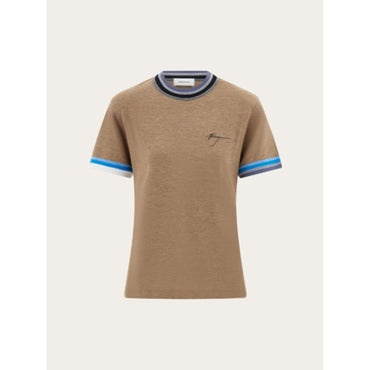 T-Shirt With Contrasting Trim - Ladies - Dark Sand