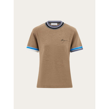 T-Shirt With Contrasting Trim - Ladies - Dark Sand