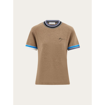 T-Shirt With Contrasting Trim - Ladies - Dark Sand