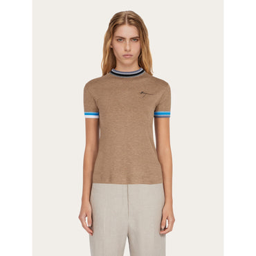 T-Shirt With Contrasting Trim - Ladies - Dark Sand