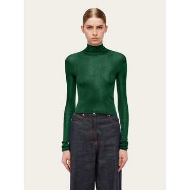 See Through High Neck Top - Ladies - Forest Green