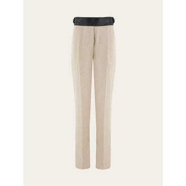 Linen Trouser With Eco-Leather Belt - Ladies - Sand