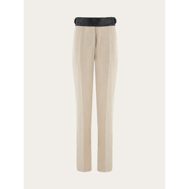 Linen Trouser With Eco-Leather Belt - Ladies - Sand