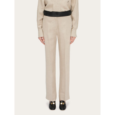 Linen Trouser With Eco-Leather Belt - Ladies - Sand
