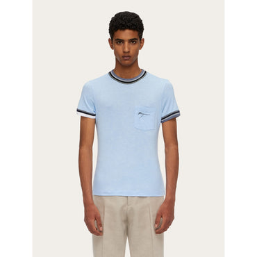 T-Shirt With Color Block Trims - Men - Light Blue