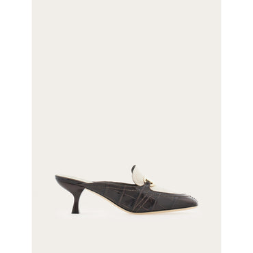 Kitten Heel Mule With Golden Buckle - Fabric And Leather - Natural/Testa Di Moro