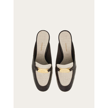 Kitten Heel Mule With Golden Buckle - Fabric And Leather - Natural/Testa Di Moro