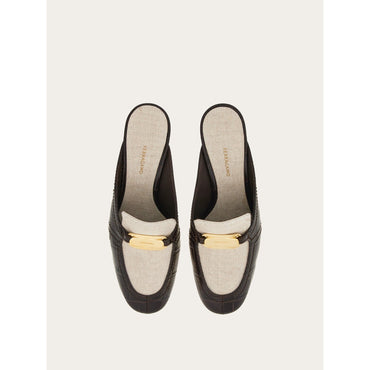 Kitten Heel Mule With Golden Buckle - Ladies - Natural/Testa Di Moro
