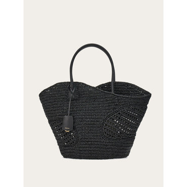 Tote Bag With Cut-Out Detailing - Raffia-Effect Fabric And Calfskin - Black