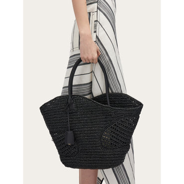 Tote Bag With Cut-Out Detailing - Raffia-Effect Fabric And Calfskin - Black