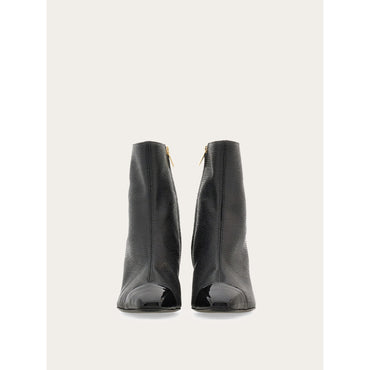 Chunky Heel Ankle Boot - Patent And Printed Leather - Black