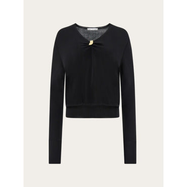 V-Neck Sweater With Golden Clip - Ladies - Black