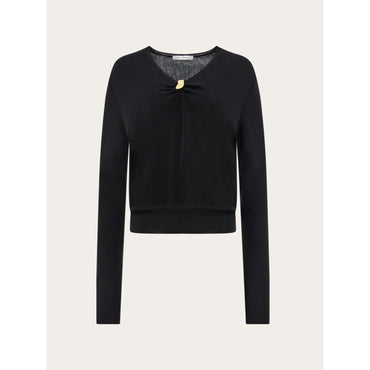 V-Neck Sweater With Golden Clip - Ladies - Black
