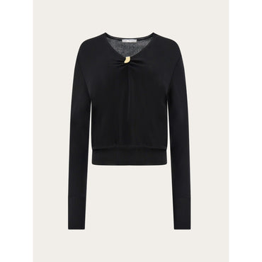 V-Neck Sweater With Golden Clip - Ladies - Black
