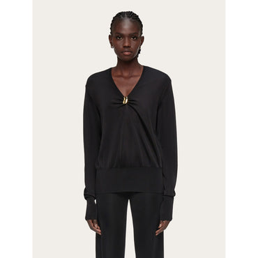 V-Neck Sweater With Golden Clip - Ladies - Black
