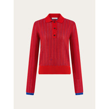 Long Sleeved Polo Shirt - Ladies - Red/Cerulean
